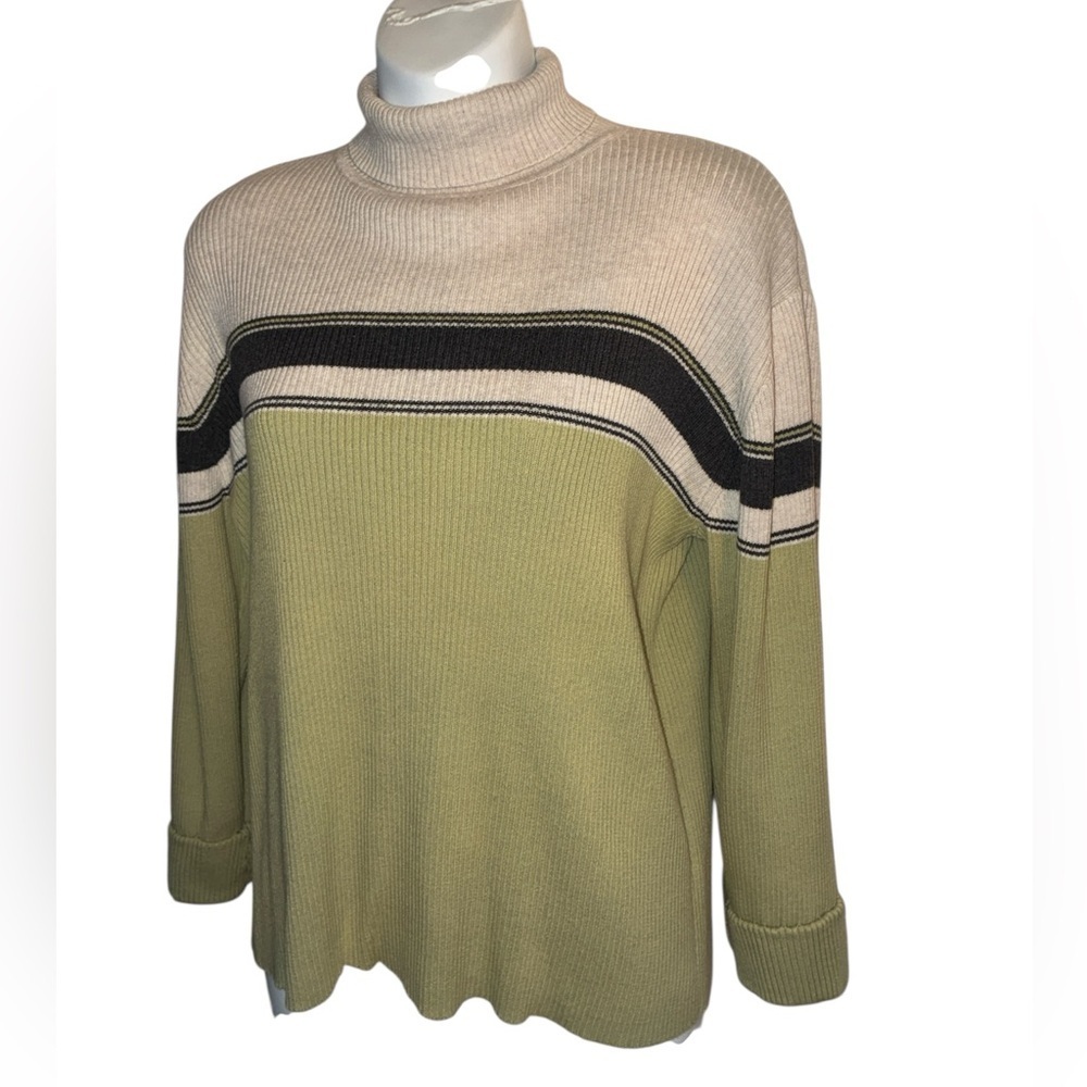 Charter Club Turtleneck Sweater women's PL Oatmeal, Grey & Chartreuse stripe euc